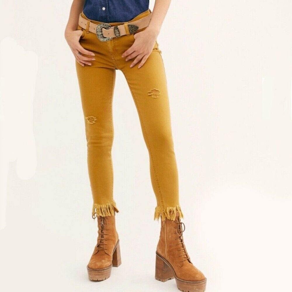 FREE PEOPLE Gold Mustard Yellow Great Heights Frayed Distressed Skinny Jeans 25
